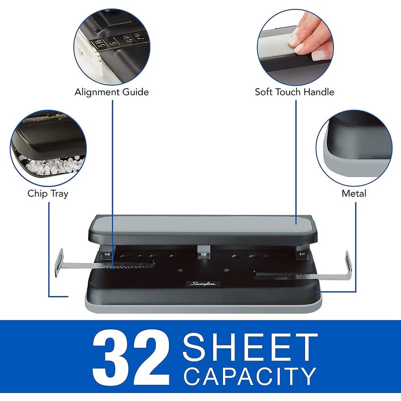 Swingline 2-7 Hole Punch, Adjustable, Heavy Duty Hole Puncher, Easy Touch, 32 Sheet Punch Capacity, Black/Gray (74300) - Image 3